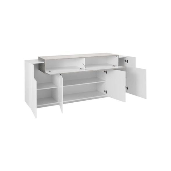 Credenza Moderna A 4 Ante 200 Cm Bianco Lucido/Grigio Cemento Corona