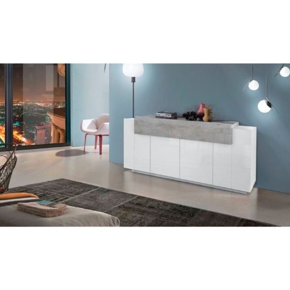 Credenza Moderna A 4 Ante 200 Cm Bianco Lucido/Grigio Cemento Corona
