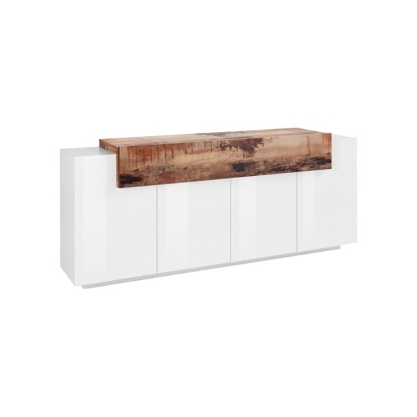 Credenza Moderna A 4 Ante 200 Cm Bianco Lucido/Effetto Legno Corona