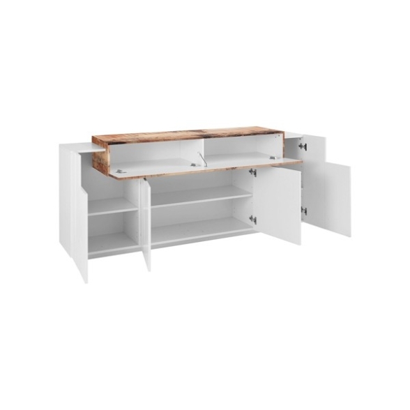 Credenza Moderna A 4 Ante 200 Cm Bianco Lucido/Effetto Legno Corona