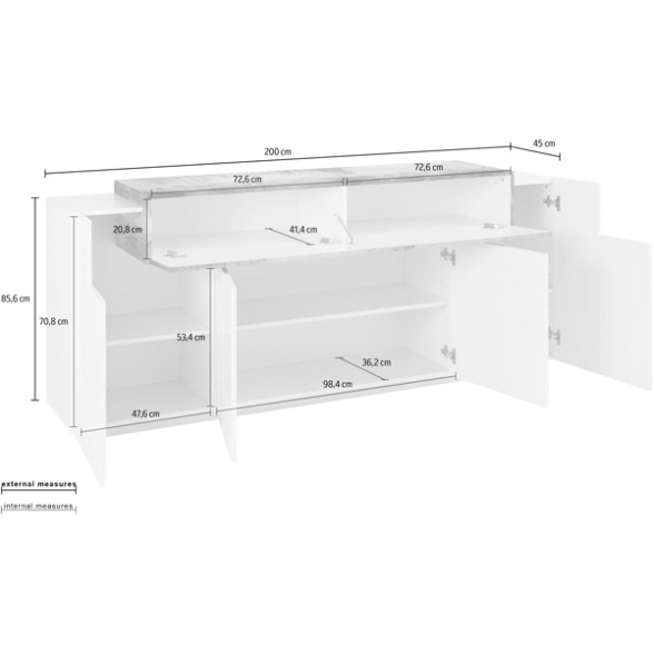 Credenza Moderna A 4 Ante 200 Cm Bianco Lucido/Effetto Legno Corona