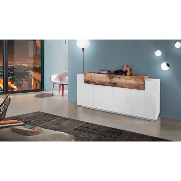 Credenza Moderna A 4 Ante 200 Cm Bianco Lucido/Effetto Legno Corona