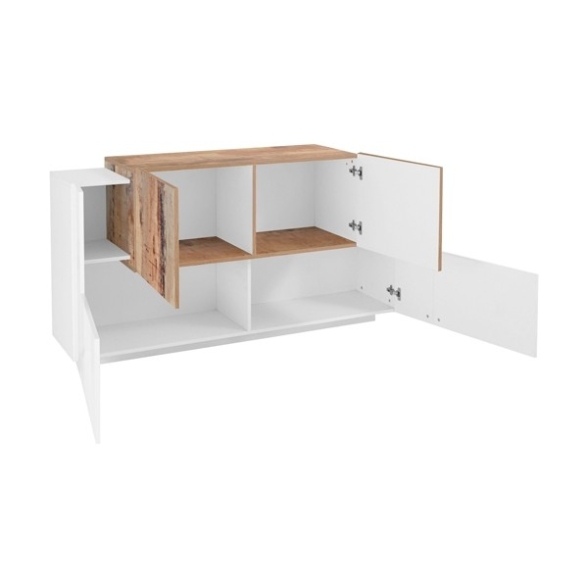 Madia 4 Ante 160 Cm Design Moderno Bianco Lucido Effetto Legno New Coro