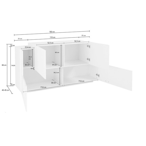 Madia 4 Ante 160 Cm Design Moderno Bianco Lucido Effetto Legno New Coro