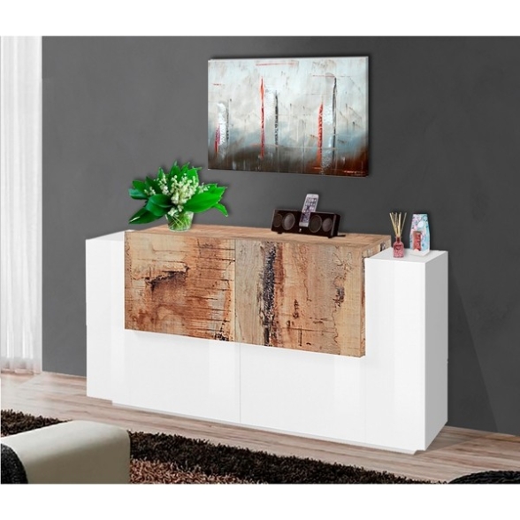 Madia 4 Ante 160 Cm Design Moderno Bianco Lucido Effetto Legno New Coro
