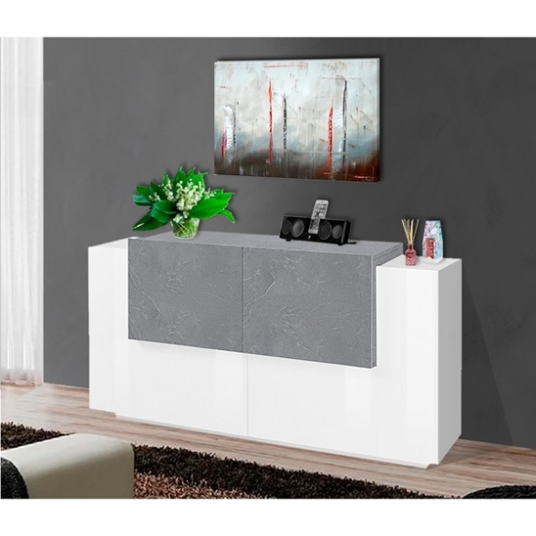 Madia 4 Ante 160 Cm Design Moderno Bianco Lucido Effetto Pietra New Coro