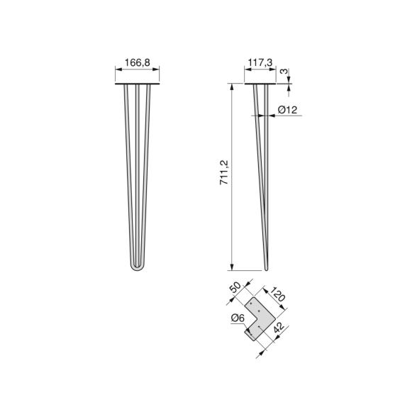 Gambe da tavolo a 3 bastoncini 71 cm Hairpin in acciaio verniciato nero