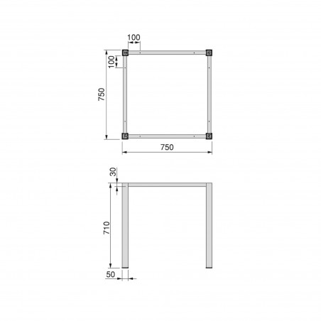 Gambe quadrate 50x50 mm con struttura 750x750 mm per tavolo in acciaio verniciato bianco