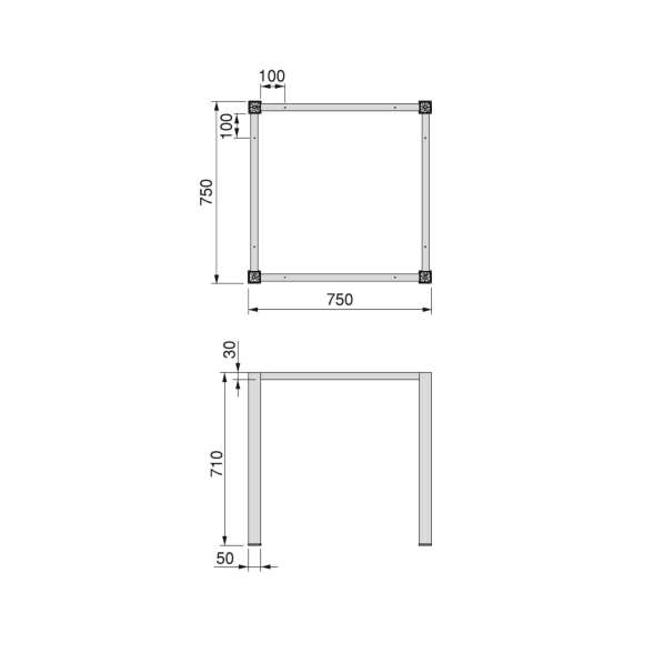Gambe quadrate 50x50 mm con struttura 750x750 mm per tavolo in acciaio verniciato nero