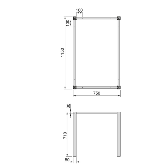 Gambe quadrate 5x5 cm con struttura 115x75 cm da tavolo in acciaio verniciato bianco
