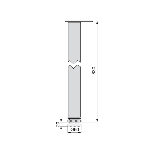 Gambe tonde 830-850 mm da tavolo diametro 60 mm in acciaio color grigio metallizzato