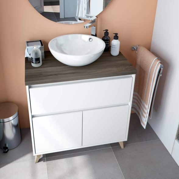 Mobile Bagno 80 Cm Con Lavabo Bacinella Da Appoggio Olmo E Bianco Ona