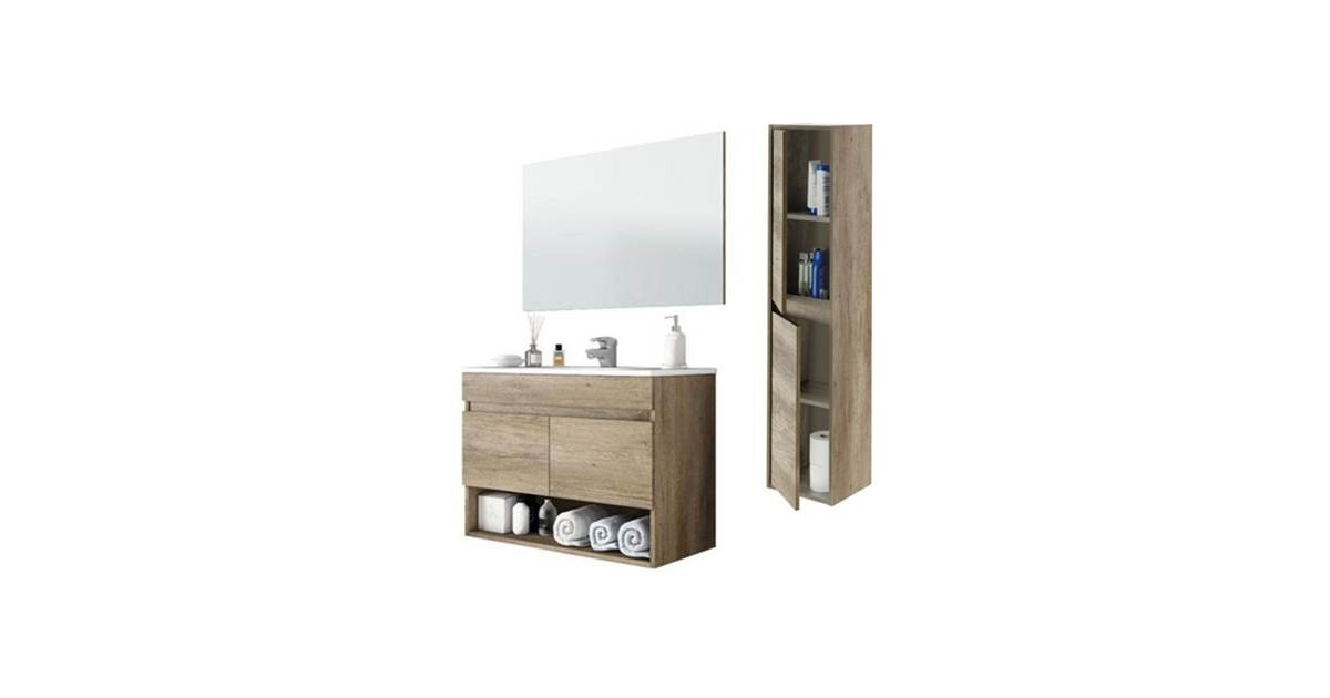 Mobile bagno sospeso 80 cm con colonna, lavabo e specchio rovere - Dakota 96250