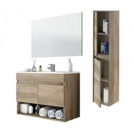 Mobile bagno sospeso 80 cm con colonna, lavabo e specchio rovere - Dakota 96250