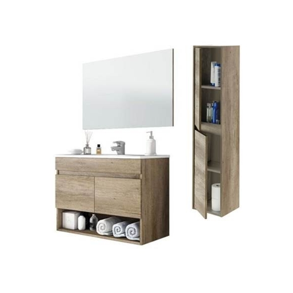 Mobile bagno sospeso 80 cm con colonna, lavabo e specchio rovere - Dakota 96250