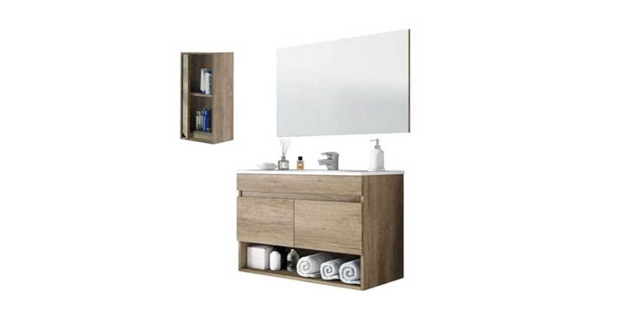 Mobile bagno sospeso 80 cm con pensile, lavabo e specchio rovere - Dakota 96250