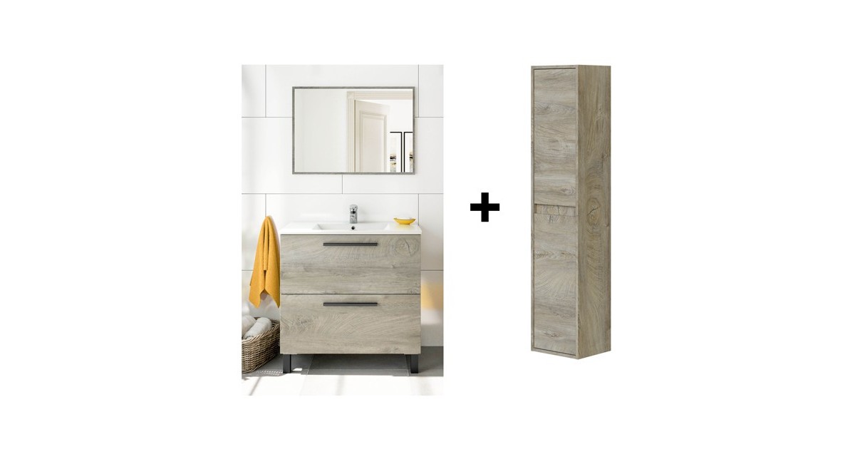MOBILE BAGNO SOSPESO 80 Cm CON LAVABO, COLONNA E SPECCHIO Color Cemento - Aruba EUR 330,00