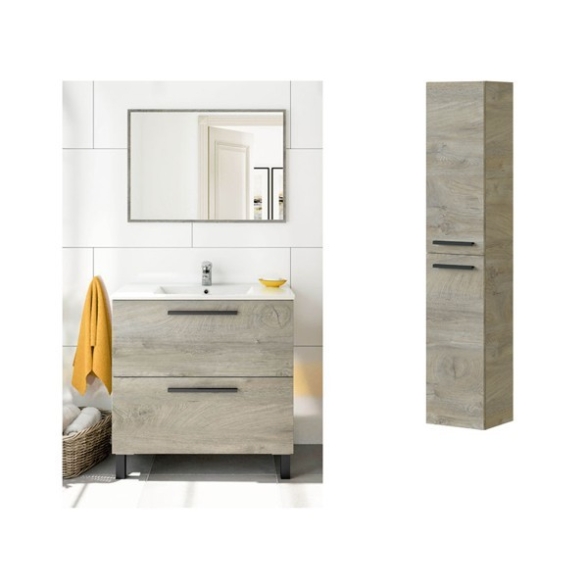 Mobile Bagno 80 Cm 2 Cassetti Con Piedini Lavabo Specchio E Colonna Athena Rovere Alaska