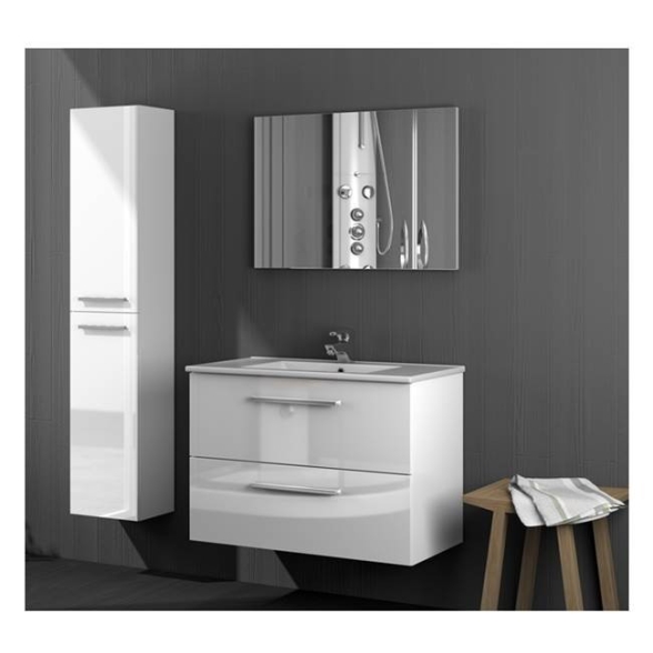 Mobile bagno sospeso 80 cm con colonna, lavabo e specchio bianco laccato - Aruba 94613