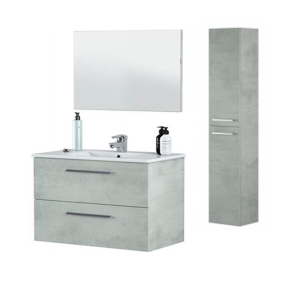 Mobile bagno sospeso 80 cm con colonna, lavabo e specchio color cemento - Aruba 99134