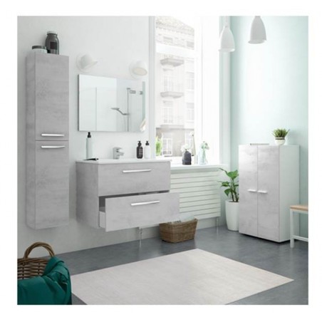 Mobile bagno sospeso 80 cm con colonna, lavabo e specchio color cemento - Aruba 99134