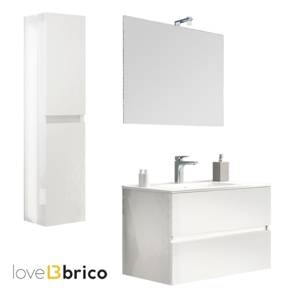 Mobile da bagno sospeso 80 cm con lavabo, colonna, specchio e led bianco lucido