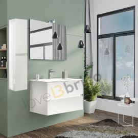 Mobile da bagno sospeso 80 cm con lavabo, colonna, specchio e led bianco lucido