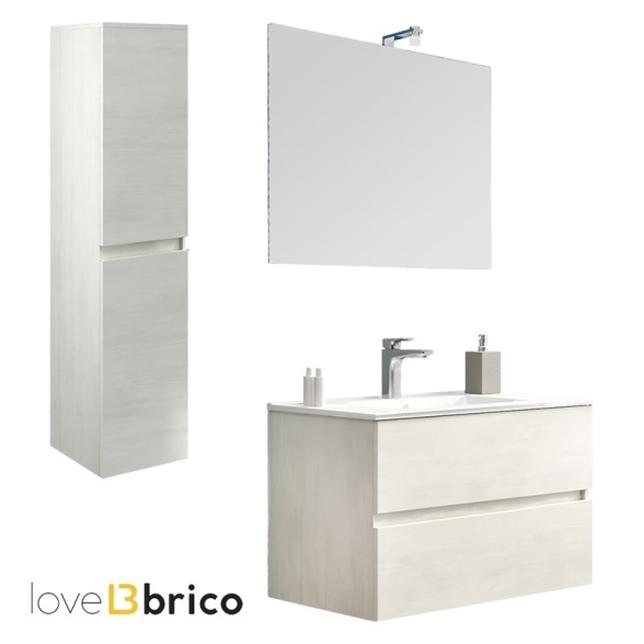 Mobile da bagno sospeso 80 cm con lavabo, colonna, specchio e led rovere bianco