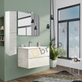 Mobile da bagno sospeso 80 cm con lavabo, colonna, specchio e led rovere bianco