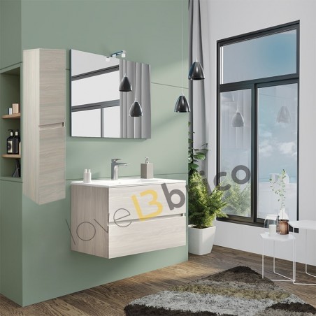 Mobile da bagno sospeso 80 cm con lavabo, colonna, specchio e led rovere grigio
