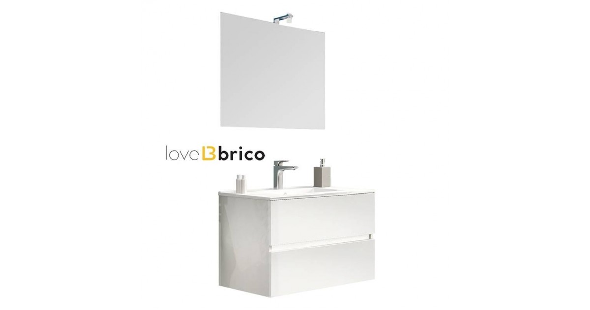 Mobile da bagno sospeso 80 cm con lavabo, specchio e led bianco lucido
