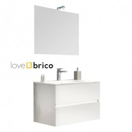 Mobile da bagno sospeso 80 cm con lavabo, specchio e led bianco lucido