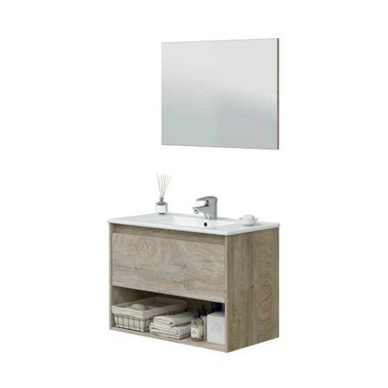 Mobile Bagno Sospeso 80 cm Vano Aperto Lavabo Specchio E Colonna Rovere Alaska VAN