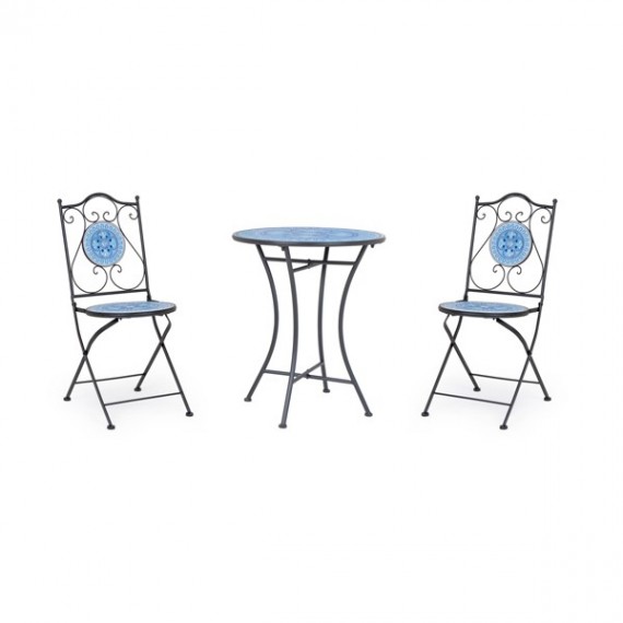 Set da giardino in ferro tavolo bistrot e sedie pieghevoli con mosaico azzurro Bisanzio Bizzotto