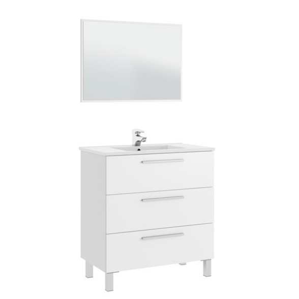 Mobile Bagno 80 Cm + Lavabo Specchio E Colonna Bianco Athena 3 Cassetti