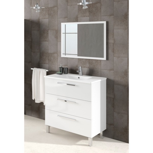 Mobile Bagno 80 Cm + Lavabo Specchio E Colonna Bianco Athena 3 Cassetti