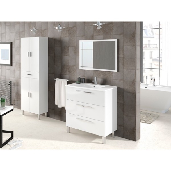 Mobile Bagno 80 Cm + Lavabo Specchio E Colonna Bianco Athena 3 Cassetti