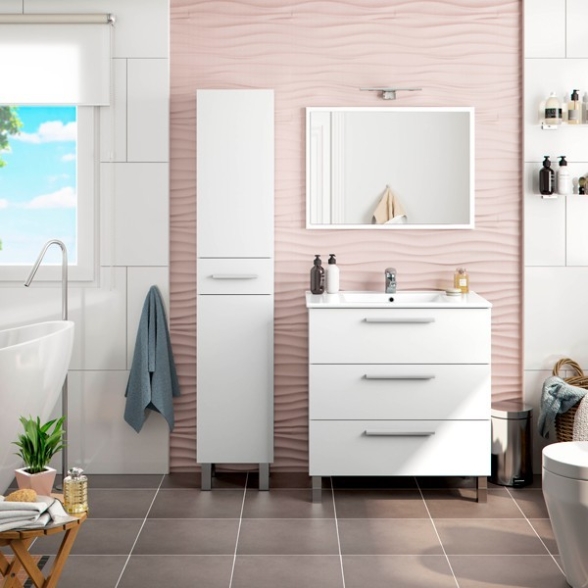 Mobile Bagno 80 Cm + Lavabo Specchio E Colonna Bianco Athena 3 Cassetti