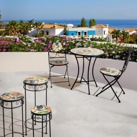 Set da giardino in ferro tavolo bistrot e sedie pieghevoli con maioliche Paloma Bizzotto