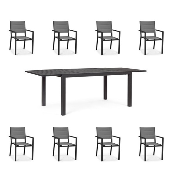 Set Da Pranzo Per Esterni Tavolo In Alluminio Allungabile 90x160-240 Cm + 8 Sedie Antracite