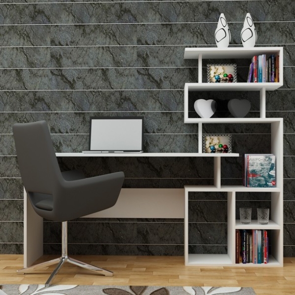 Scrivania Libreria Integrata Design Moderno 160x40x135 A Parete Next Bianca
