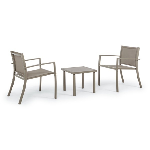 Set per balcone in acciaio e textilene con cuscini e tavolino tortora