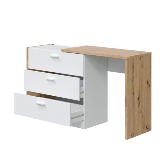 Comò Cassettiera Con Scrivania Estensibile 3 Cassetti Effetto Legno Rovere E Bianco Kommo