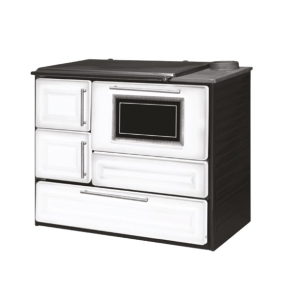 Cucina A Legna In Acciaio Con Forno E Cassetto Portalegna K-Line Basic Bianco E Nero