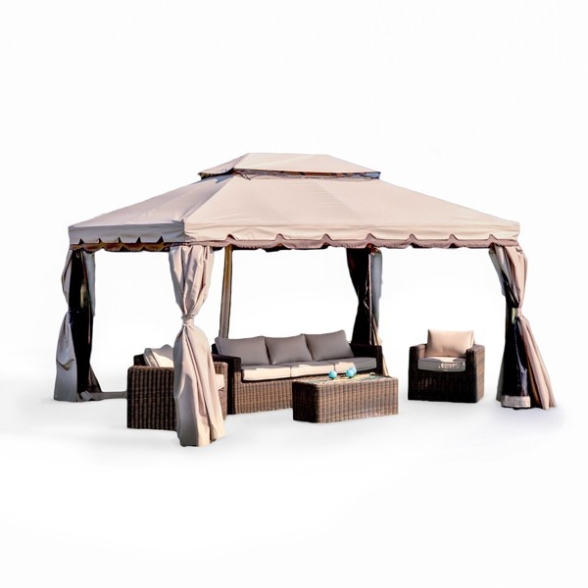 Gazebo 3x3 In Alluminio Struttura Moka E Telo Moka Con Tende E Zanzariera