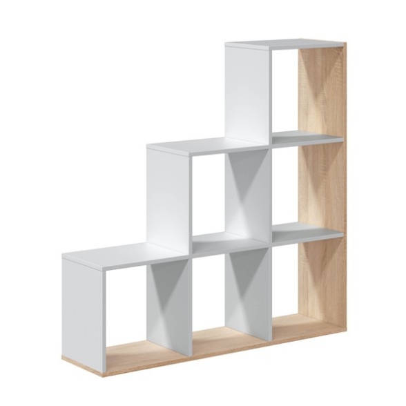 Libreria In Legno A Cubi Bianco E Rovere 108x28xH110 Cm A Scaletta