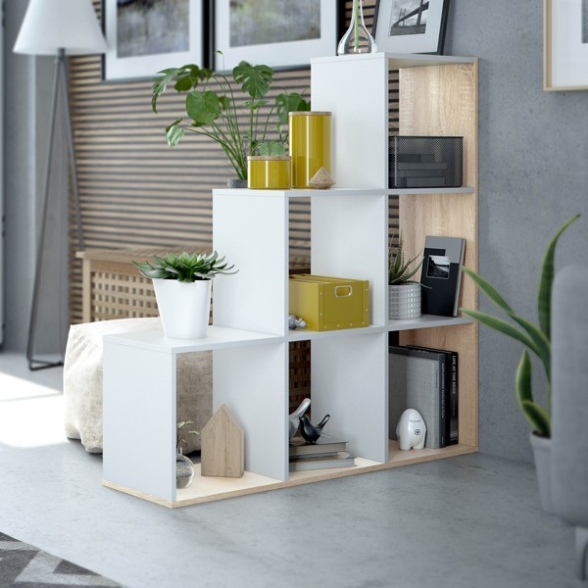 Libreria In Legno A Cubi Bianco E Rovere 108x28xH110 Cm A Scaletta