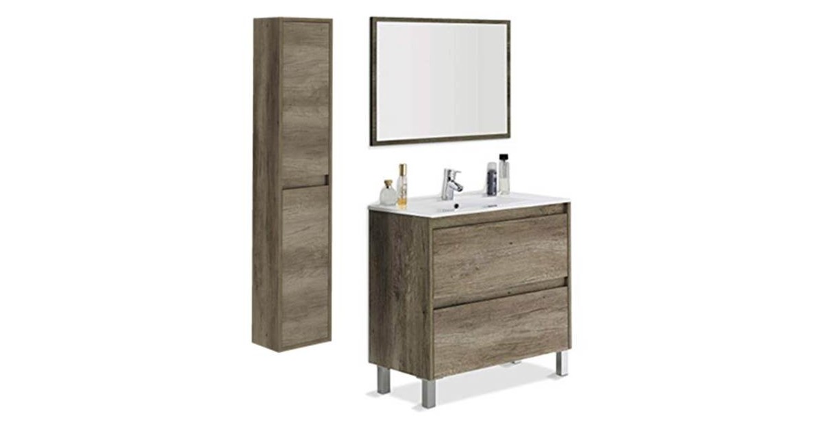 Mobile bagno 80 cm con colonna, lavabo e specchio rovere - Dakota 94611