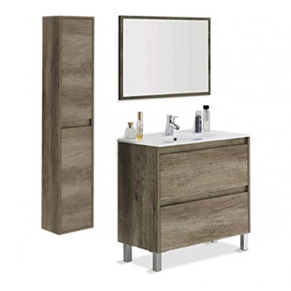 Mobile bagno 80 cm con colonna, lavabo e specchio rovere - Dakota 94611