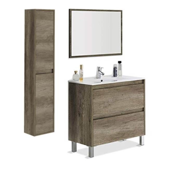 Mobile bagno 80 cm con colonna, lavabo e specchio rovere - Dakota 94611